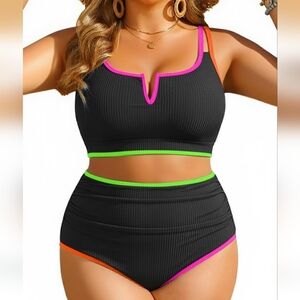 NWT Women Plus Size High Waisted Bikini - Ribbed 2 Piece Swimsuit Tummy Control